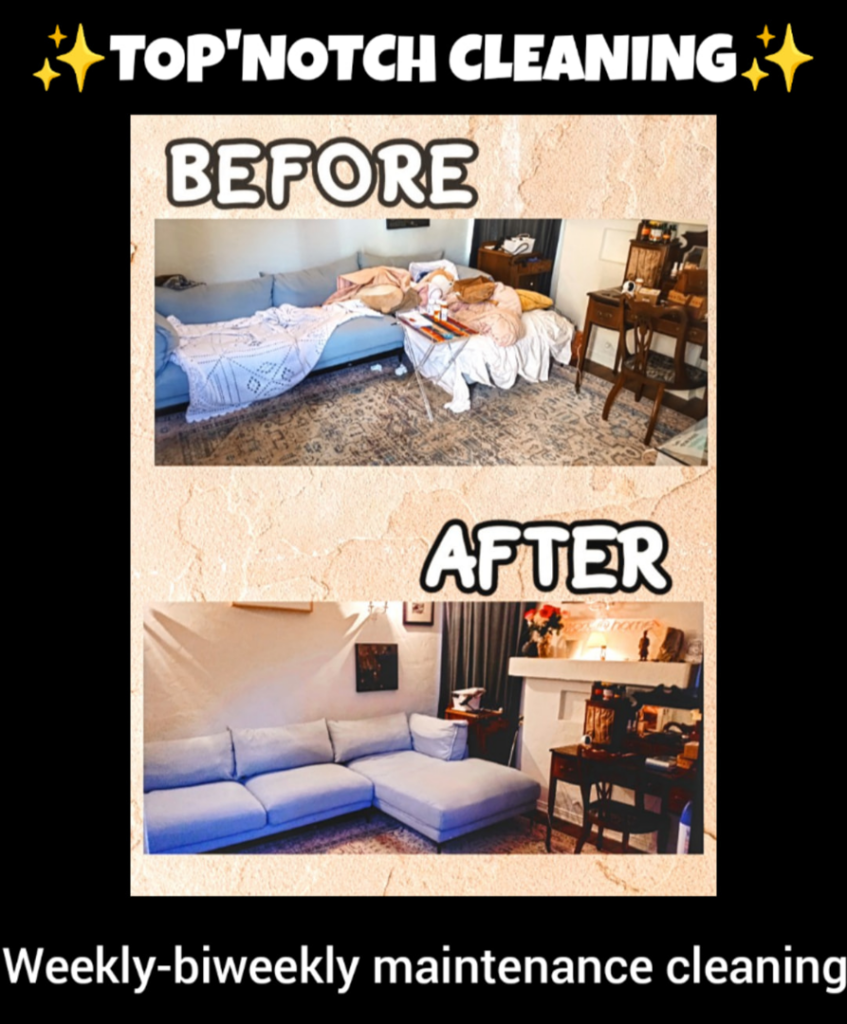 A before and after comparison showing a messy living room transformed into a clean space by A1 Top-Notch Cleaning Service in Long Beach, CA.