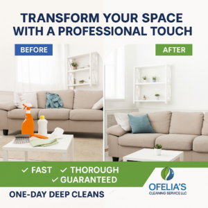 Before and after comparison of a professionally cleaned living room by Ofelia's Cleaning Service in Evanston, WY.