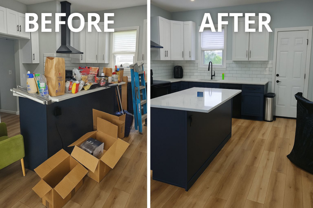 Before and after comparison of a kitchen, showing a clean and organized space by Legacy Signature Clean in Mobile, AL.