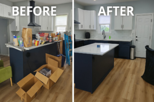 Before and after comparison of a kitchen, showing a clean and organized space by Legacy Signature Clean in Mobile, AL.