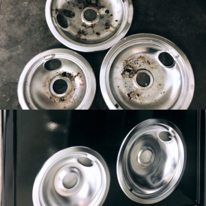 Before and after comparison of dirty and sparkling clean stove burner drip pans by Vegan Cleaning Service in Cleveland, OH.