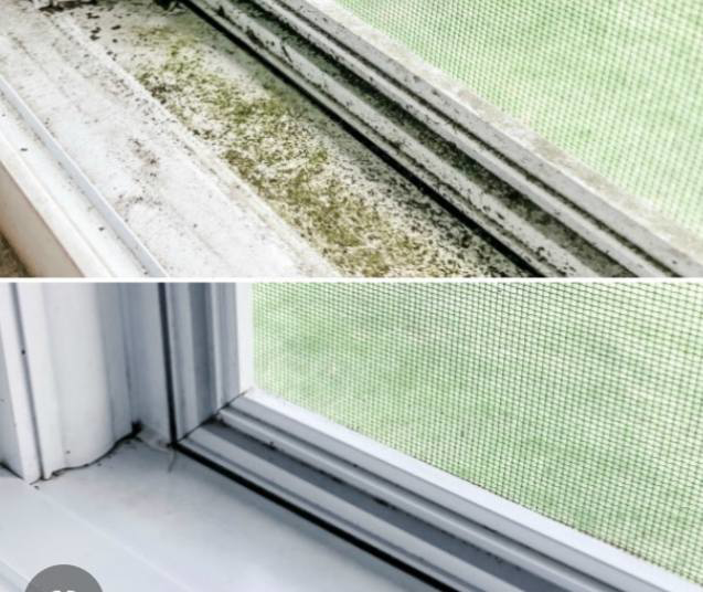 Before and after comparison of a thoroughly cleaned window sill, showcasing the detailed work of Keepin It Kleen in Seaford, DE.
