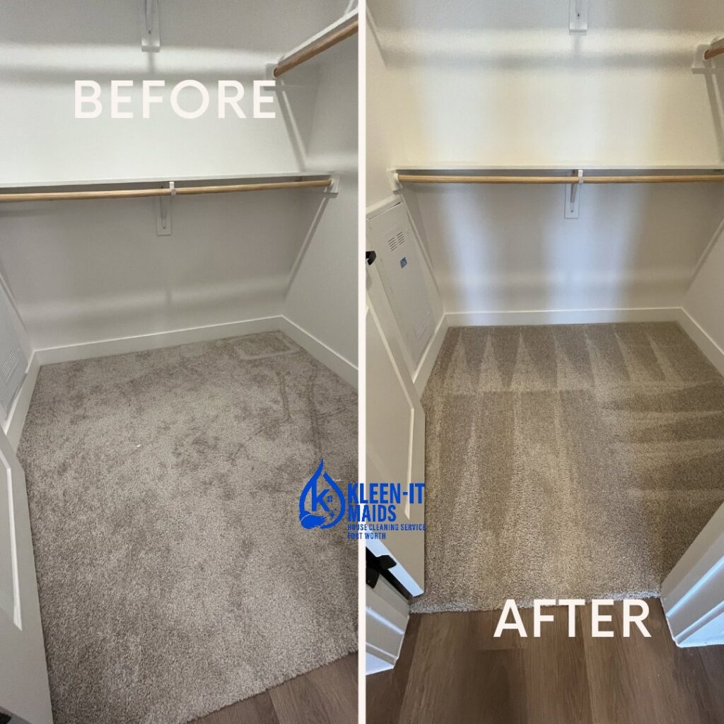 Before and after comparison of a closet carpet, showing a spotless result from Kleen-It Maids in Fort Worth, TX.