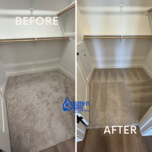 Before and after comparison of a closet carpet, showing a spotless result from Kleen-It Maids in Fort Worth, TX.
