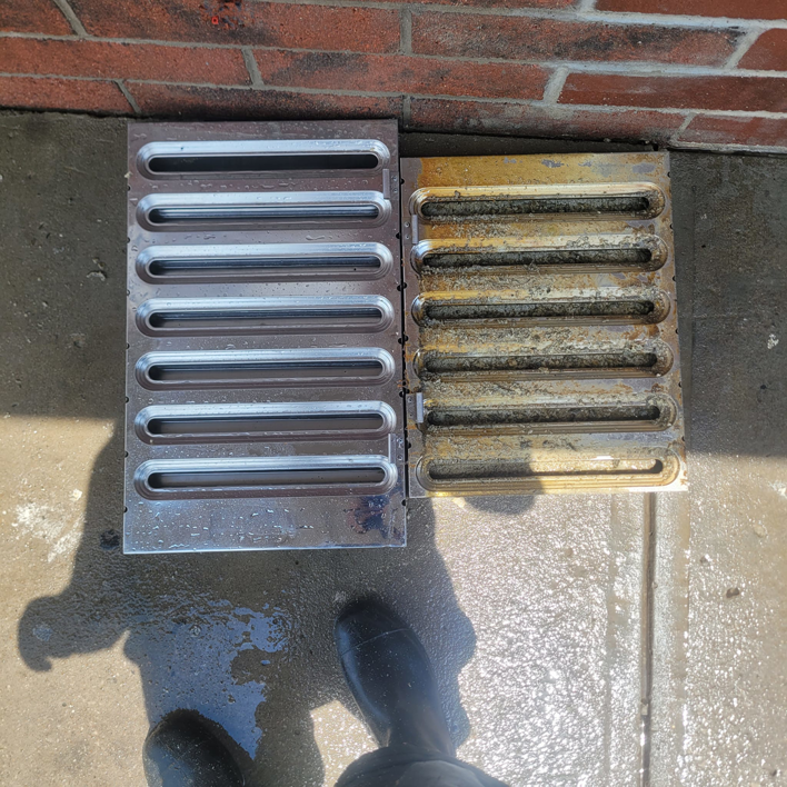 Before and after comparison of dirty and clean metal grates by Bernal Cleaning LLC in Overland Park, KS.