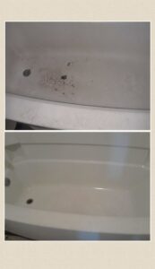Before and after comparison of a bathtub with debris cleaned by Northern States Cleaning in Duluth, MN.