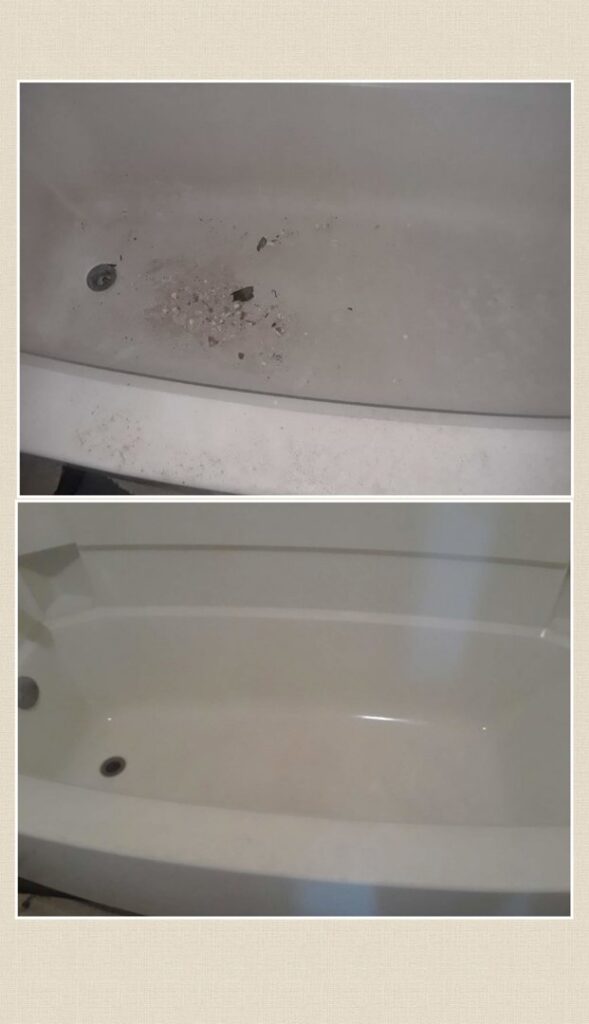 Before and after comparison of a bathtub with debris cleaned by Northern States Cleaning in Duluth, MN.