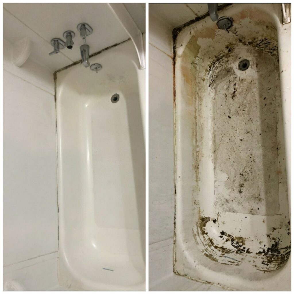 Before and after comparison of a dirty bathtub professionally cleaned by City Cleaning Crew in Buffalo, NY.