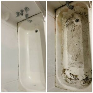 Before and after comparison of a dirty bathtub professionally cleaned by City Cleaning Crew in Buffalo, NY.