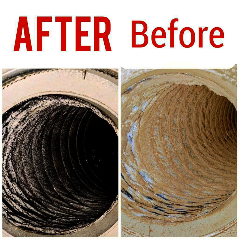 A before and after comparison showing a dirty air duct on the right and a professionally cleaned air duct on the left by Home Relief Services in Bellevue, WA.