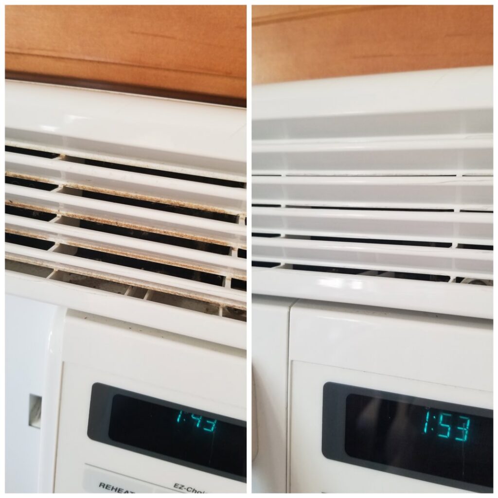 Before and after comparison of a dirty air vent grille made clean by Home In Hand Cleaning Service in Concord, NH.