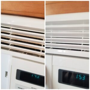 Before and after comparison of a dirty air vent grille made clean by Home In Hand Cleaning Service in Concord, NH.