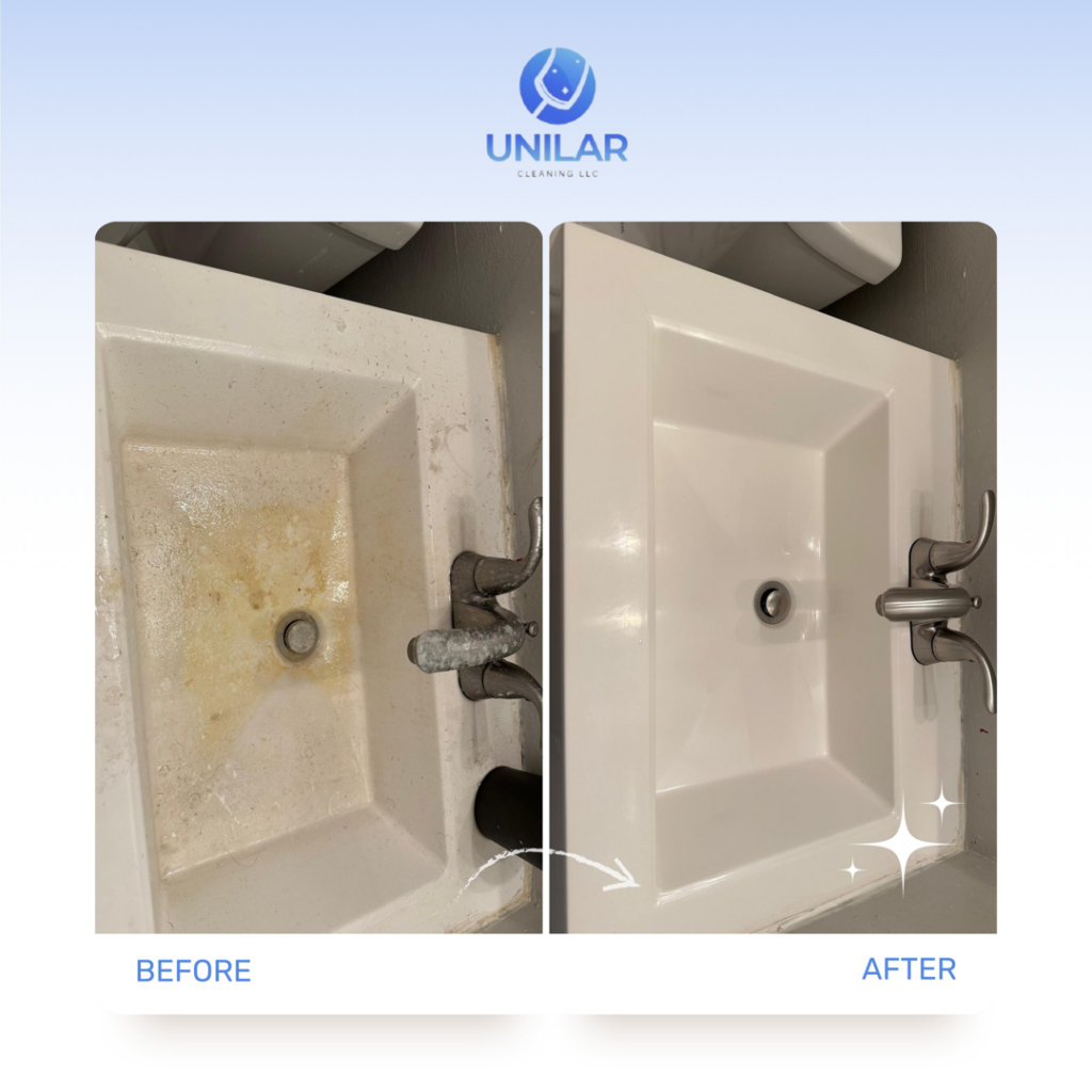 A before and after comparison showing a dirty bathroom sink transformed into a sparkling clean one by Unilar Cleaning LLC in Pittsburgh, PA.