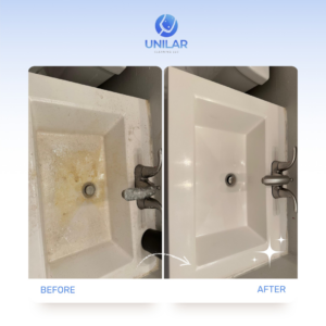 A before and after comparison showing a dirty bathroom sink transformed into a sparkling clean one by Unilar Cleaning LLC in Pittsburgh, PA.