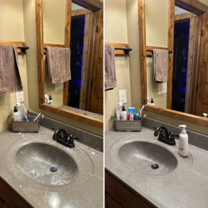 Before and after comparison of a dirty and then spotless bathroom vanity and sink cleaned by Cleaning Quality in Sturgis, SD
