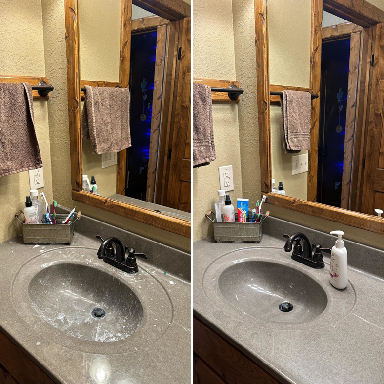 Before and after comparison of a dirty and then spotless bathroom vanity and sink cleaned by Cleaning Quality in Sturgis, SD