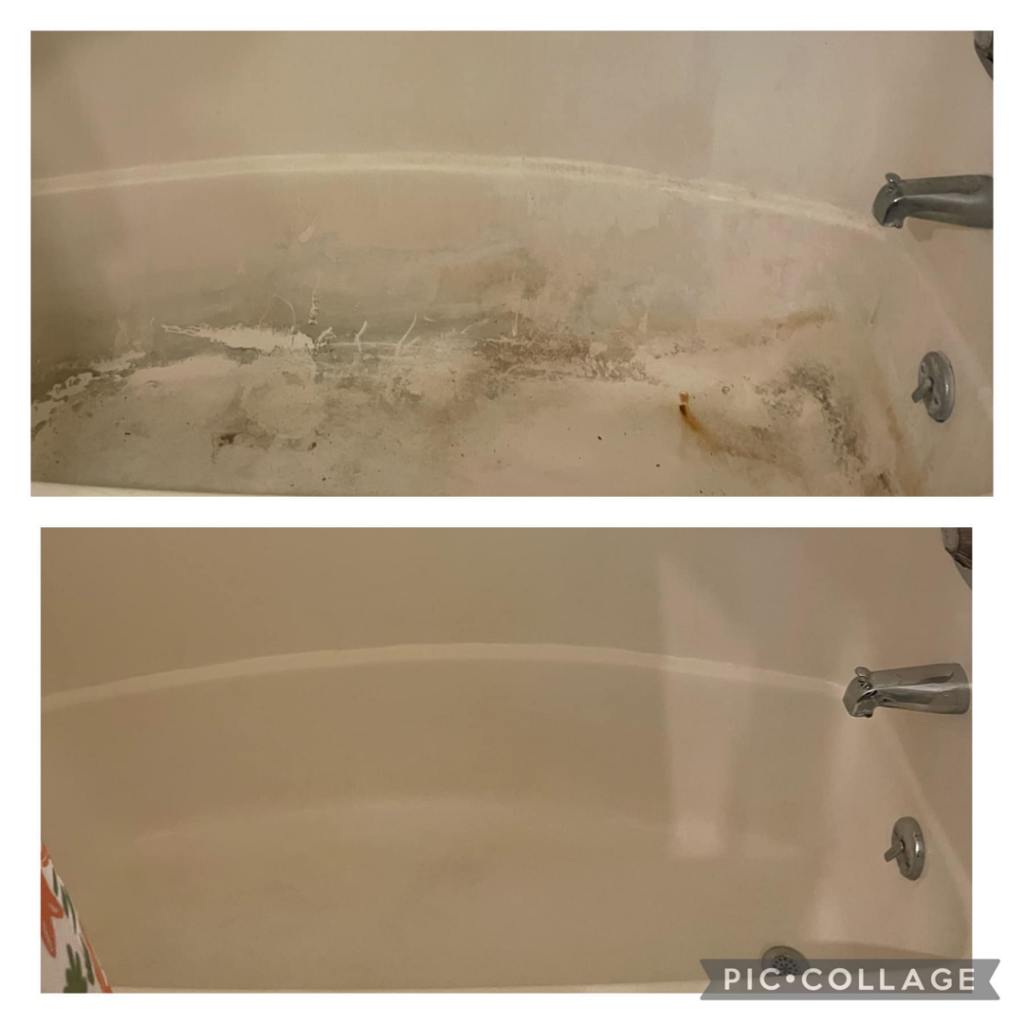 A before and after comparison showing a dirty bathtub transformed into a sparkling clean one by Anchor Down Cleaning Co in Concord, NC