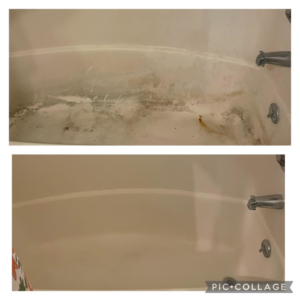 A before and after comparison showing a dirty bathtub transformed into a sparkling clean one by Anchor Down Cleaning Co in Concord, NC