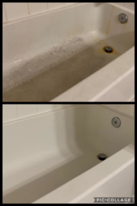 Before and after comparison of a dirty and sparkling clean bathtub, showing house cleaning results by Comstock Cleaning LLC in Reno, NV