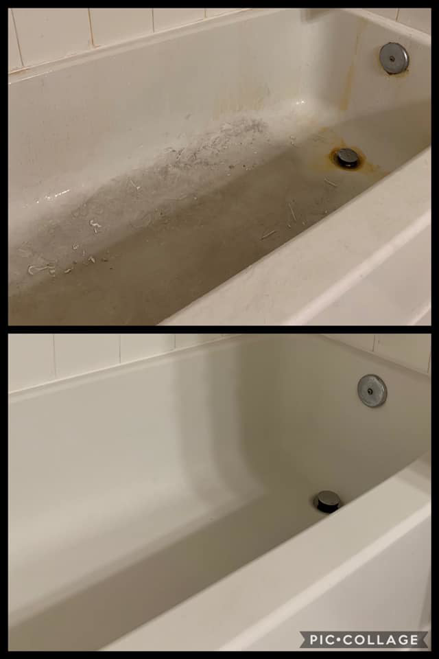 Before and after comparison of a dirty and sparkling clean bathtub, showing house cleaning results by Comstock Cleaning LLC in Reno, NV