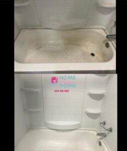 A before and after comparison showing a dirty bathtub transformed into a sparkling clean one by Home Clean Home By Maria LLC in Aberdeen, SD.