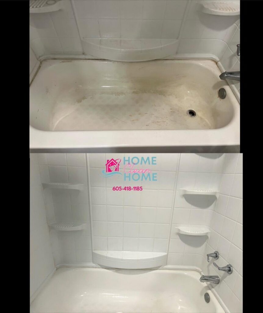 A before and after comparison showing a dirty bathtub transformed into a sparkling clean one by Home Clean Home By Maria LLC in Aberdeen, SD.