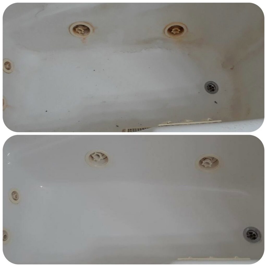 Before and after comparison of a dirty bathtub cleaned by Northern States Cleaning in Duluth, MN.