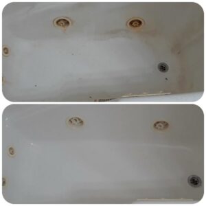 Before and after comparison of a dirty bathtub cleaned by Northern States Cleaning in Duluth, MN.