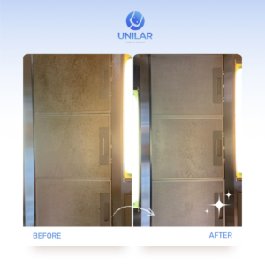 A before and after comparison showing a dirty kitchen range hood filter transformed into a clean one by Unilar Cleaning LLC in Pittsburgh, PA.