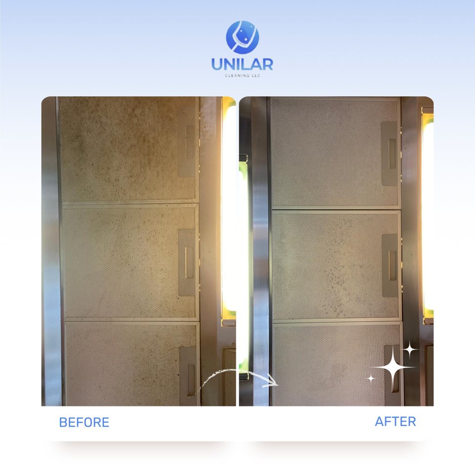 A before and after comparison showing a dirty kitchen range hood filter transformed into a clean one by Unilar Cleaning LLC in Pittsburgh, PA.