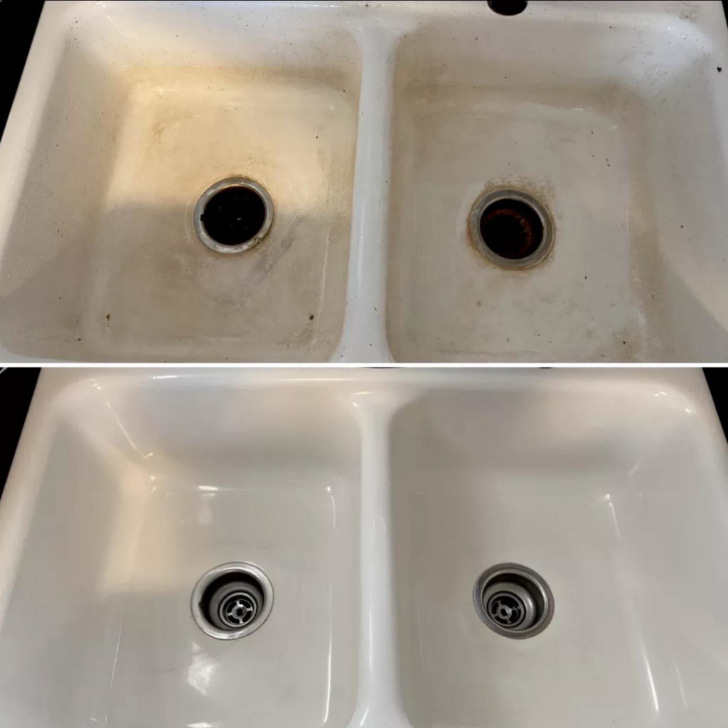 Before and after comparison of a dirty and then sparkling clean double kitchen sink by Cleaning Quality in Sturgis, SD
