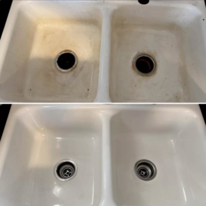 Before and after comparison of a dirty and then sparkling clean double kitchen sink by Cleaning Quality in Sturgis, SD