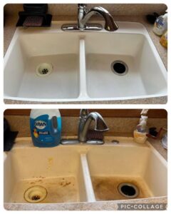 A before and after comparison showing a dirty kitchen sink transformed into a sparkling clean one by Home Clean Home By Maria LLC in Aberdeen, SD.