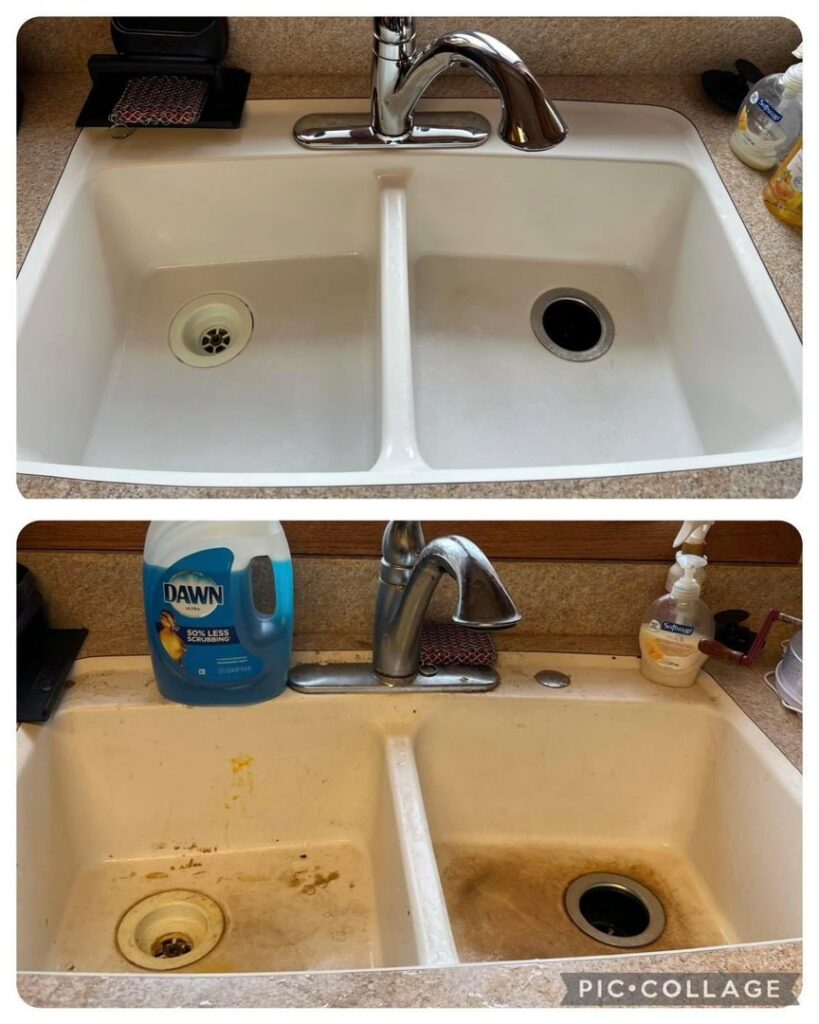 A before and after comparison showing a dirty kitchen sink transformed into a sparkling clean one by Home Clean Home By Maria LLC in Aberdeen, SD.