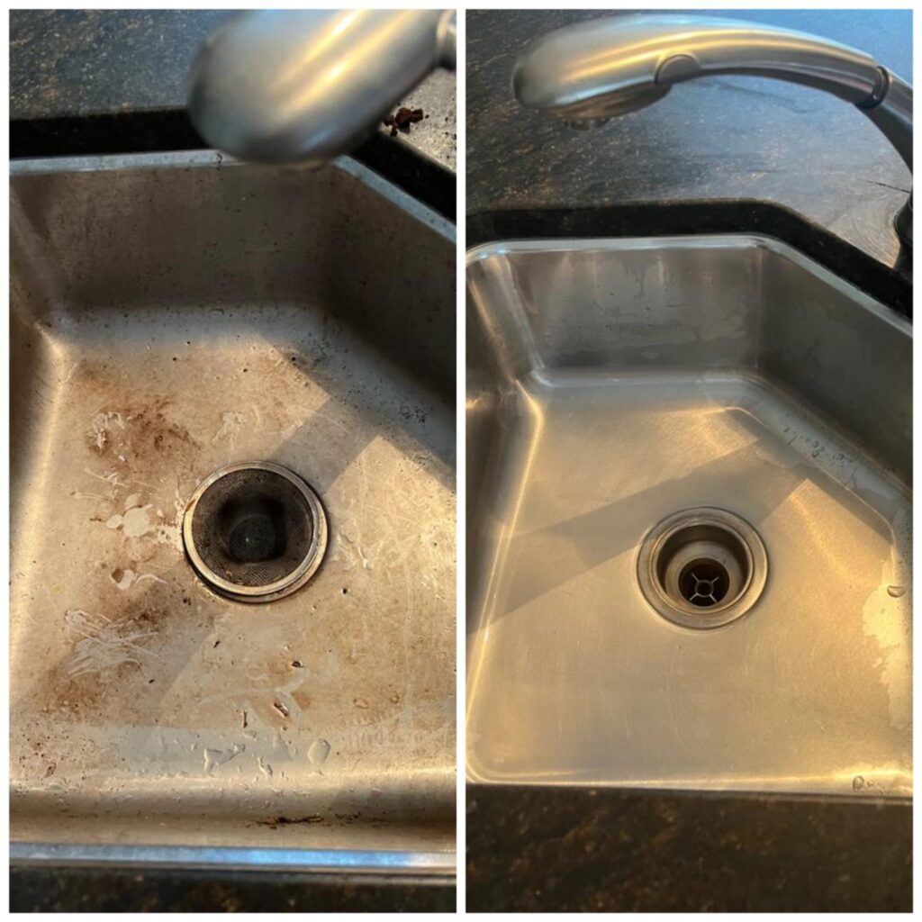 Before and after comparison of a dirty kitchen sink made spotless by Home In Hand Cleaning Service in Concord, NH.