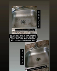 Before and after comparison of a dirty kitchen sink transformed into a sparkling clean sink by Prettysmile Residential Cleaning in Newark, DE