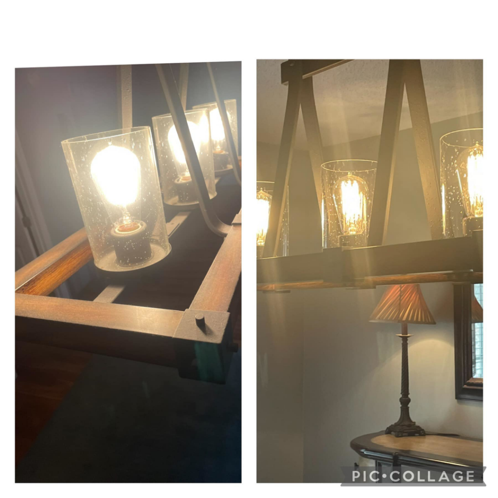 A before and after comparison showing a dusty light fixture cleaned and brightened by Anchor Down Cleaning Co in Concord, NC
