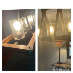 A before and after comparison showing a dusty light fixture cleaned and brightened by Anchor Down Cleaning Co in Concord, NC