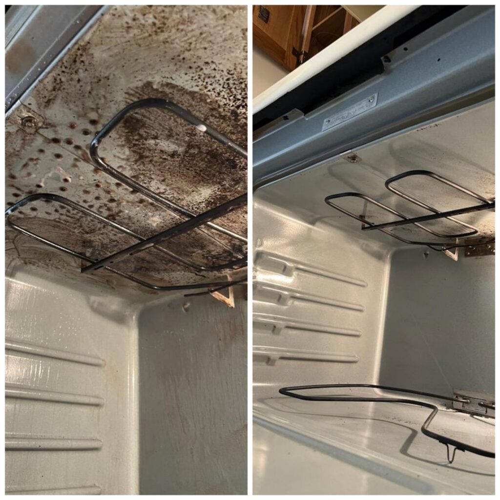 Before and after comparison of a heavily soiled oven interior thoroughly cleaned by Home In Hand Cleaning Service in Concord, NH.