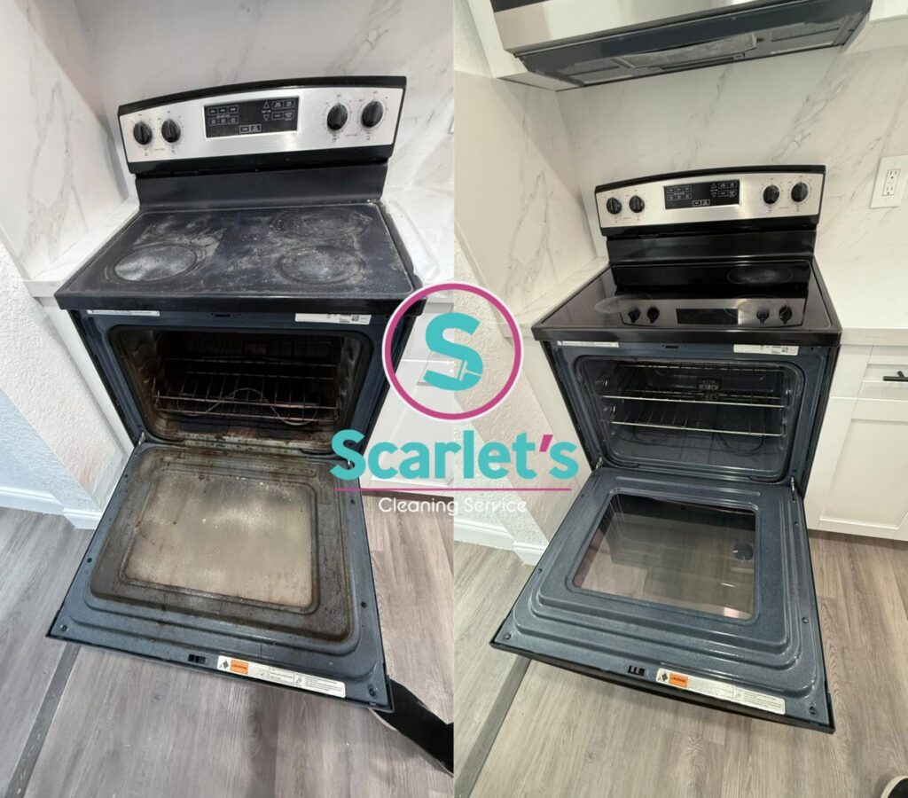 Before and after comparison of a dirty and clean oven and stovetop by Scarlet Cleaning Service LLC in Bronx, NY