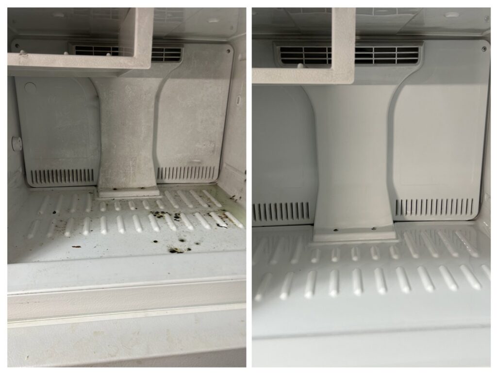 Before and after comparison of a dirty and then sparkling clean refrigerator interior by Gem City Commercial and Residential Cleaning in Dayton, OH