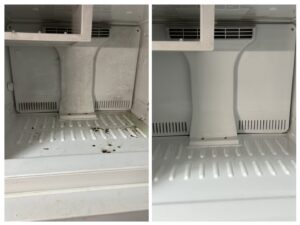 Before and after comparison of a dirty and then sparkling clean refrigerator interior by Gem City Commercial and Residential Cleaning in Dayton, OH
