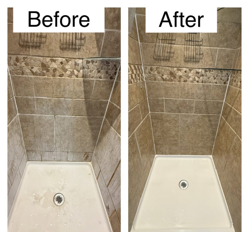 A before and after comparison showing a dirty shower transformed into a sparkling clean one by Home Clean Home By Maria LLC in Aberdeen, SD.