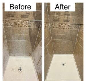 A before and after comparison showing a dirty shower transformed into a sparkling clean one by Home Clean Home By Maria LLC in Aberdeen, SD.