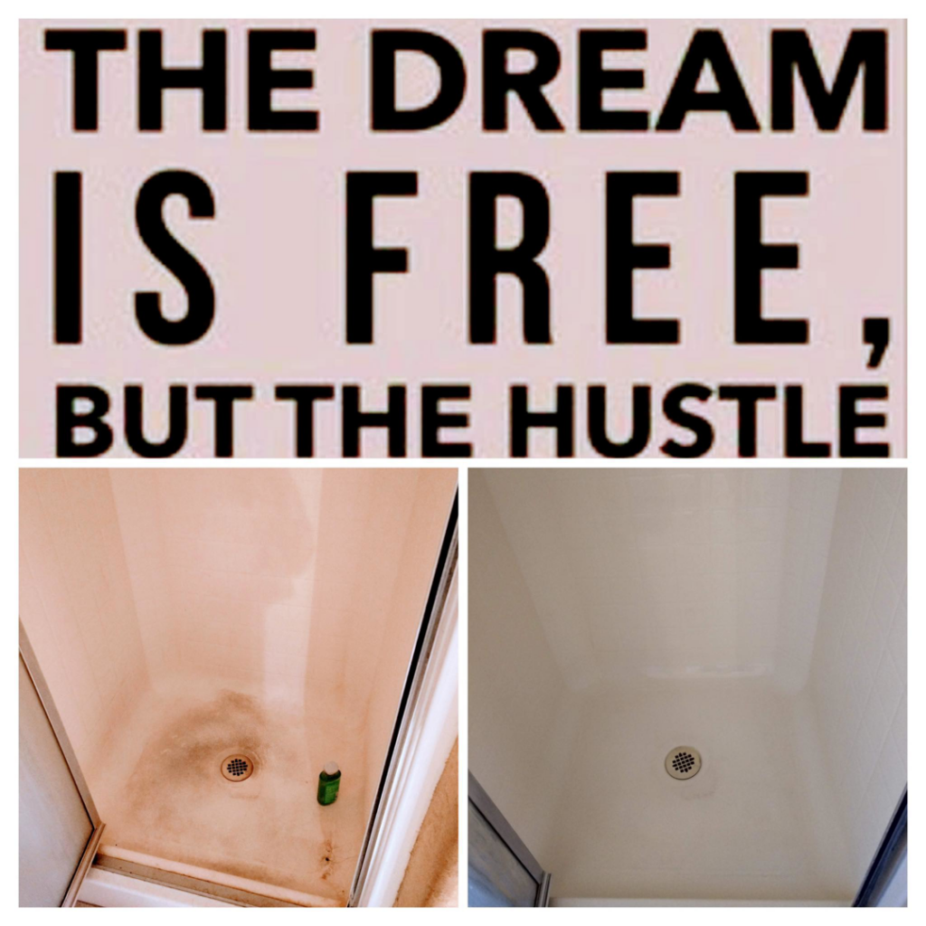 A before and after comparison showing a dirty shower floor transformed into a clean one by Maid It Dirty Cleaning Company in Phoenix, AZ.