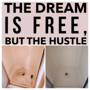 A before and after comparison showing a dirty shower floor transformed into a clean one by Maid It Dirty Cleaning Company in Phoenix, AZ.