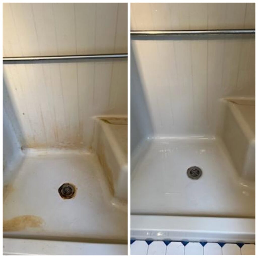 Before and after comparison of a dirty shower stall thoroughly cleaned by Home In Hand Cleaning Service in Concord, NH.