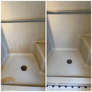 Before and after comparison of a dirty shower stall thoroughly cleaned by Home In Hand Cleaning Service in Concord, NH.