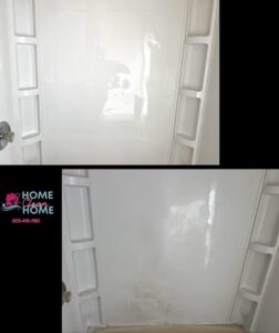 A before and after comparison showing a dirty shower wall transformed into a sparkling clean one by Home Clean Home By Maria LLC in Aberdeen, SD.