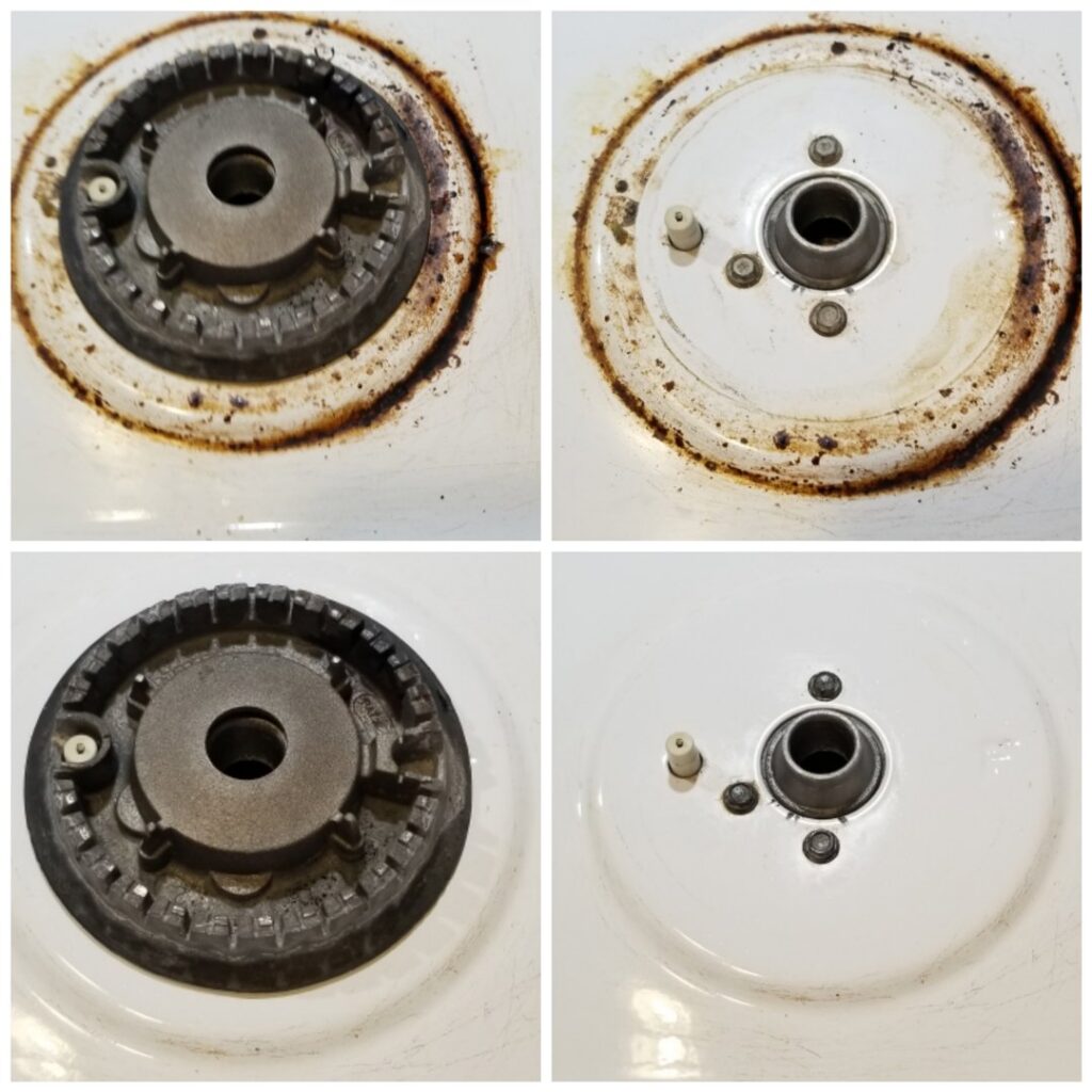 Before and after comparison of dirty stove burners cleaned by Home In Hand Cleaning Service in Concord, NH.